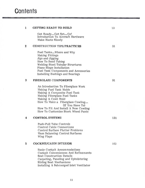 Table of contents page from Hands On Airplane Building Techniques For Builders, A Real World Guide To Sport Aircraft Construction