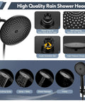 8.5 Inch Matte Black Shower Head With Handheld Spray Combo showing various spray modes and anti-leak features.