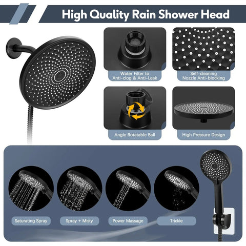 8.5 Inch Matte Black Shower Head With Handheld Spray Combo showing various spray modes and anti-leak features.