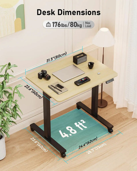 Slick 32 Inch Electric Standing Desk Built Tough With Swivel Rolling Casters And No Sweat Height Switches For A Go To Remote Work Spot You Will Love, showing dimensions and workspace layout.