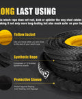 Close-up of synthetic winch rope for off road recovery three eighths inch by eighty five foot 25000 lbs with protective sleeve.