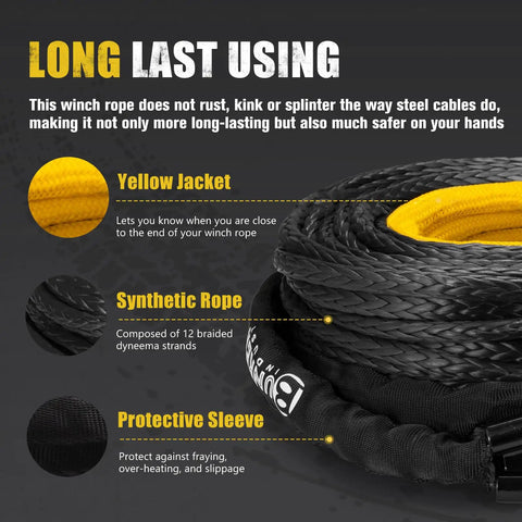 Close-up of synthetic winch rope for off road recovery three eighths inch by eighty five foot 25000 lbs with protective sleeve.