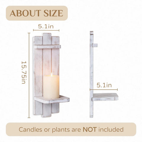 Rustic Whitewashed Wood Candle Sconces Wall Decor Set Of Two combines easy hanging shelf display for candles, measures 15.75 x 5.1 inches.