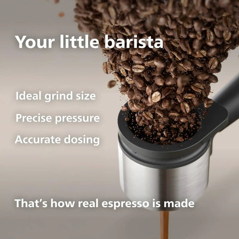 Baristina Espresso Machine With Automatic Grinder Grind Tamp And Brew In One Swipe 16 Bar Pump Compact Black Coffee Maker