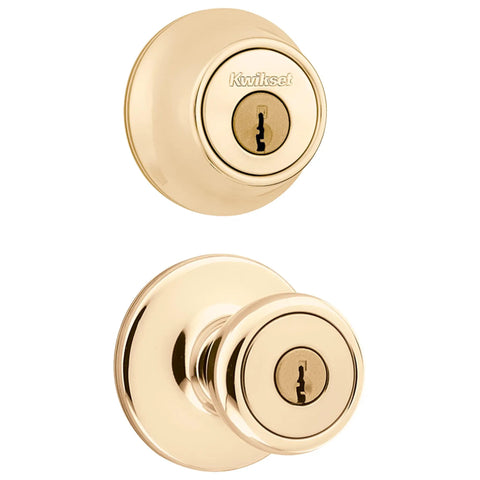 Keyed Entry Knob and Single Cylinder Deadbolt Combo for Exterior Doors, polished brass, universal handing, 1 Pack