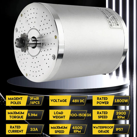 Beast Power 48V 1800W Brushless DC Motor Kit For Go Karts And E-Bikes, 3900RPM Max, silver cylindrical motor on display.
