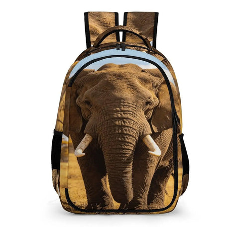 Unisex Elephant Print Backpack With Wilderness Design, large front view showing elephant image, sturdy and durable for school or travel