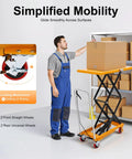Double scissor hydraulic lift table cart with orange platform on wheels lifting a pallet box