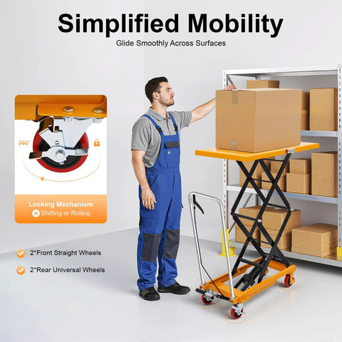 Front view of an orange hydraulic lift table cart with four locking wheels lifting a cardboard box beside a shelving unit.
