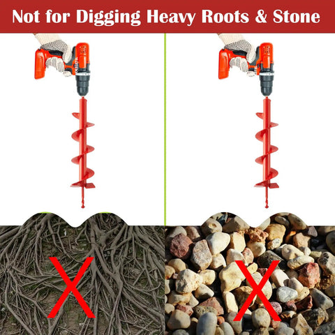 Four By Sixteen Inch Auger Drill Bit not recommended for heavy roots and stones, shown with drill and textured surfaces.