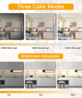 Display of 18 Inch Plug In Under Cabinet Lighting With 1000 Lumen LED showing three color modes and adjustable brightness in kitchen.