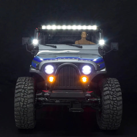 Front view of RC crawler with 1/10 Scale RC Lights Kit Two LED Headlights For 1/8 And 1/10 RC Crawlers Including SCX10 III CJ7 Wraith Capra VS4-10 Upgrade