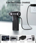 Beast 110000 RPM Cordless Air Duster charging via USB cable, shown with adapters for car, power bank, and computer charger