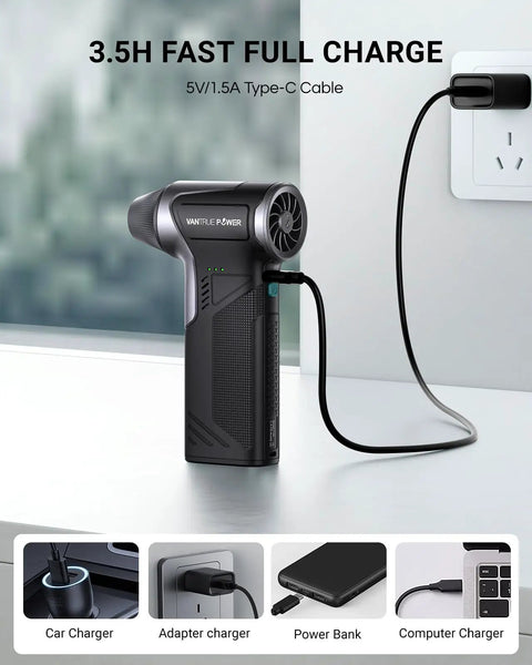 Beast 110000 RPM Cordless Air Duster charging via USB cable, shown with adapters for car, power bank, and computer charger