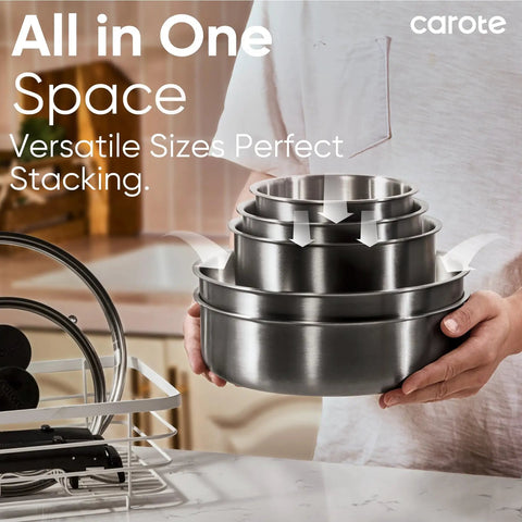 Stacked 15 Piece Stainless Steel Pots And Pans Set With Detachable Handle Induction Compatible Oven Safe Up To 600 Degrees
