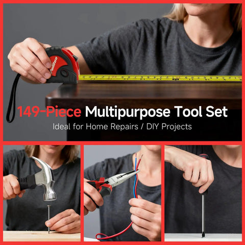 149 Piece Home Drill Set With 12V Red Cordless Drill LED Light 21 Plus 1 Torque Settings 19Nm Lightweight Ergonomic Handy Tool Kit In A Durable Toolbox For Women Men DIY Enthusiasts Home Improvement, showing tape measure and tools in use.