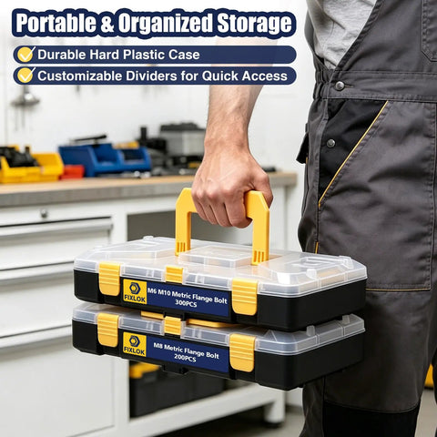 Tough As Nails Metric Flange Bolt Kit With 500 Pieces Of Grade 10.9 Alloy Steel Fasteners organized in durable tool case.