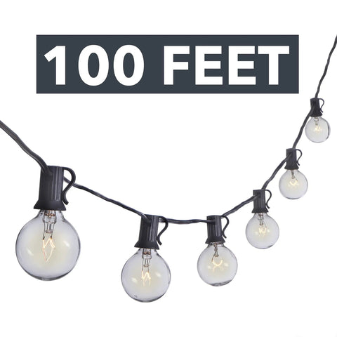 100 Ft Clear Globe G40 Outdoor String Lights on Black Cord with Bendable Easy Install Bulbs hanging against white background