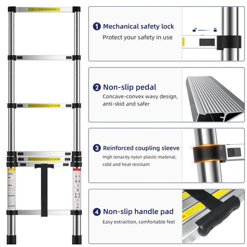 Ultra Lightweight 6.6 ft Aluminum Telescoping Ladder with safety features diagram and details on non-slip design and materials.