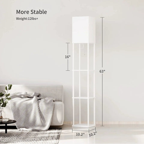 Floor Lamp With Shelves Modern Square Standing Shelf Light For Living Room Or Bedroom Three Color Temperature LED Bulb Warm Neutral Cool 900 Lumens Space Saving Corner Bookcase Style Lighting, white lamp next to sofa.