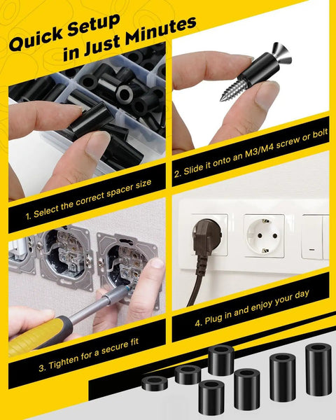Hella Sturdy Nylon Spacers Assorted M3 M4 Screw Standoffs 330 Piece Set Black Round Non Threaded Hardware Bits shown in setup steps.