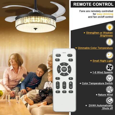 42 Inch Retractable Ceiling Fan Chandelier With Lights And Remote Crystal Fandelier, families enjoying in living room