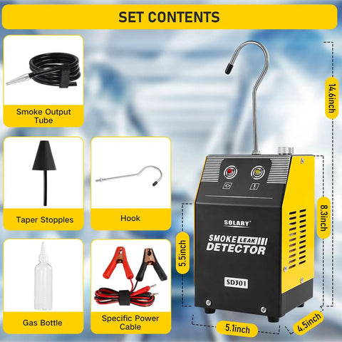 Automotive Smoke Machine Leak Detector With Built In Air Pump 12V DC EVAP Vacuum Diagnostic Tester shown with accessories.