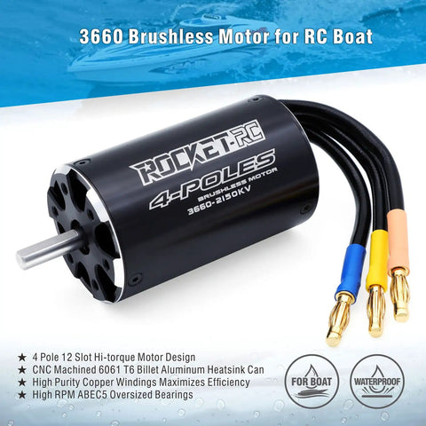Beefy Torque 3660 Brushless RC Boat Motor, 2150 KV, 4 Pole, 5mm Shaft, Water Cooling Jacket for 650-800mm boats displayed