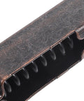 Close-up of heavy duty iron lid support hinge, showcasing spring loaded curved arm design for wood boxes and chest lids.