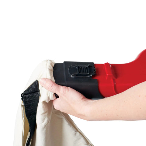 Hand attaching bottom zip bag to Ultra Electric Blower Vac With 250 MPH Airflow Red Mega Metal Impeller For Serious Mulching And Easy Yard Cleanup