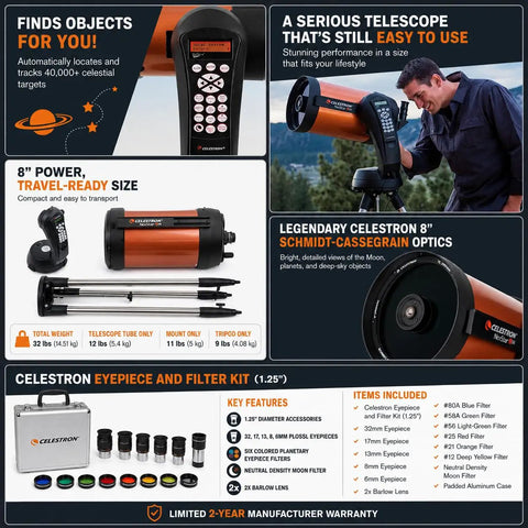 Image showcasing GoTo Telescope Bundle With 8SE Schmidt Cassegrain Computerized NexStar System features and accessories.