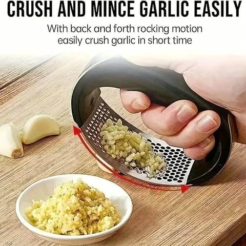 Using a stainless steel garlic press rocker mincer with peeler and scraper for easy garlic prep, no mess rust resistant kitchen gadget for fast chopping.