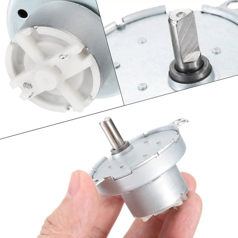 Close-up of Low Speed 24V DC Gear Motor With 5 RPM D Shaft CW CCW High Torque For Nerdy 3D projects, showing metal casing and shaft.