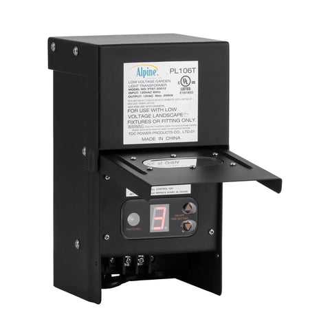 Outdoor 200 Watt Transformer With Photo Cell And Timer For Ponds And Fountains No Fuss Easy Plug In Lighting, black durable plastic