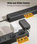 All In One Power Strip With 6 AC Outlets 2 USB C 2 USB A Four And A Half Foot Cord 900 Joules Surge Protection Black showing outlet spacing