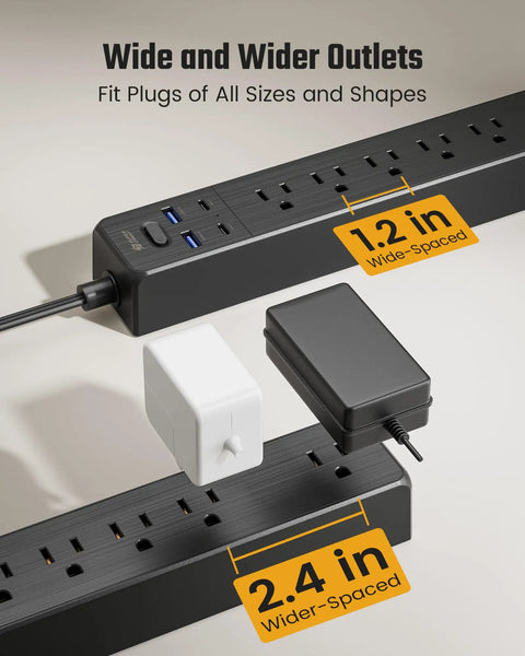All In One Power Strip With 6 AC Outlets 2 USB C 2 USB A Four And A Half Foot Cord 900 Joules Surge Protection Black showing outlet spacing