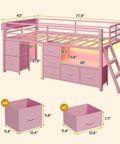Twin Size Low Loft Bed With 7 Storage Drawers, Bookcase, And LED Lights, Metal Kids Loft Bed With 14 Inch Guardrail, Inclined Ladder, Play Curtain, Pink