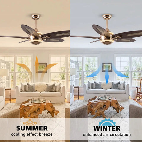 52" Plywood Modern Ceiling Fan with Light and Remote for Living Room Golden showcasing summer and winter modes in a stylish living space.