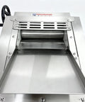 Heavy Duty Commercial Electric Dough Roller And Sheet Machine Features 2200W Motor For Uniform Pizza Base Baking Sprocket Drive Pressing System with stainless steel finish.
