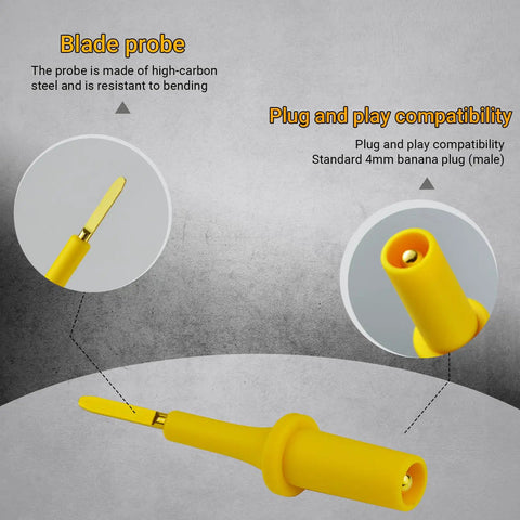 Pro Grade Automotive Test Probe Adapter Kit With Back Probe And Blade Probe Tools showing yellow blade probe and plug