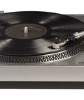 Crosley C100A Silver Belt Drive Turntable with aluminum tonearm for vinyl records in sleek retro design.