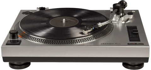 Crosley C100A Silver Belt Drive Turntable with aluminum tonearm for vinyl records in sleek retro design.