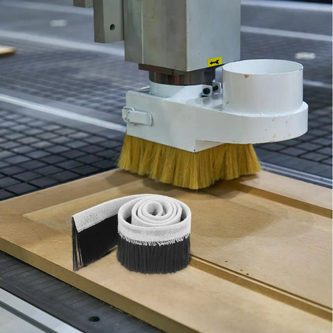 Heavy Duty Cnc Router Shoe Brush Strip And Engraving Spindle Motor Dust Guard With Quick Snap Fit For Blazing Woodchip Removal And Flawless Shop Cleanup On Benchtop Gear in use under CNC machine.