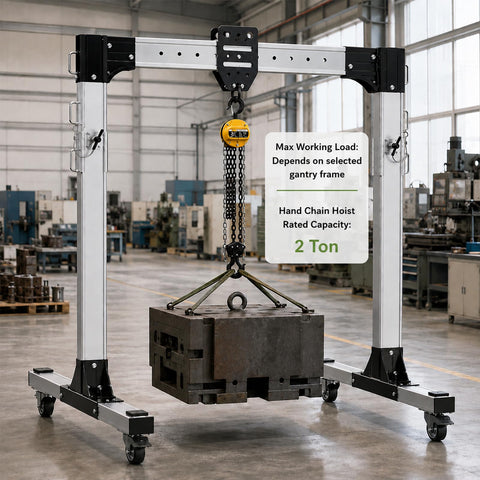 Portable Adjustable Aluminum Gantry Crane with 2 Ton Chain Hoist lifting a heavy block in a workshop environment.