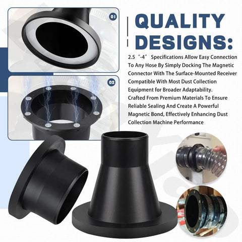 Front view of 4-inch magnetic dust collection fittings with 4-inch and 2.5-inch hose adapters and magnetic port connectors