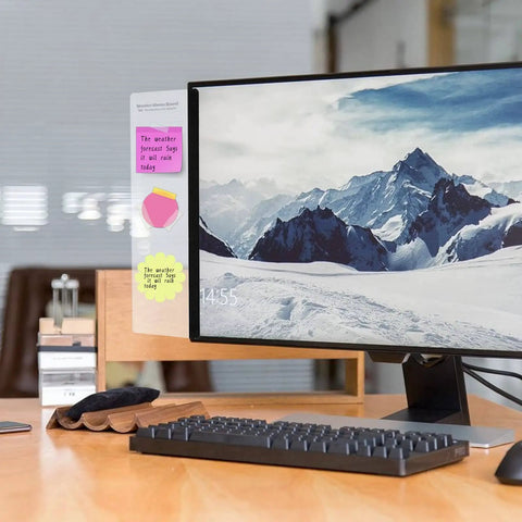 Transparent Monitor Memo Board Set, 2 Pack Slick Acrylic Side Panels on desktop monitor displaying notes, organized office desk.