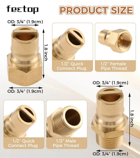 Half Inch Quick Connect Disconnect Insert Plug Fittings Set With 1/2 Inch Male NPT And 1/2 Inch Female NPT Brass Coupler