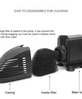 660GPH Submersible Pond Pump With Inside Filter And RGB LED Light Garden Pond Fountain Kit showing casing, filter, and main body.