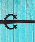 Twenty Two Inch Antique Rustic Cast Iron Door And Gate Hinges Black Faux Farmhouse Barn Shutter Cabinet Hardware For Outdoor Decor With A Dope Badass Vintage Vibe And Top Shelf Artisan Craftsmanship on blue wooden background.