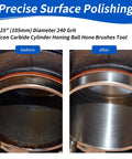 Cylinder honing ball brush, 4.125 in diameter, 240 grit silicon carbide; two-panel image showing bore before and after polishing